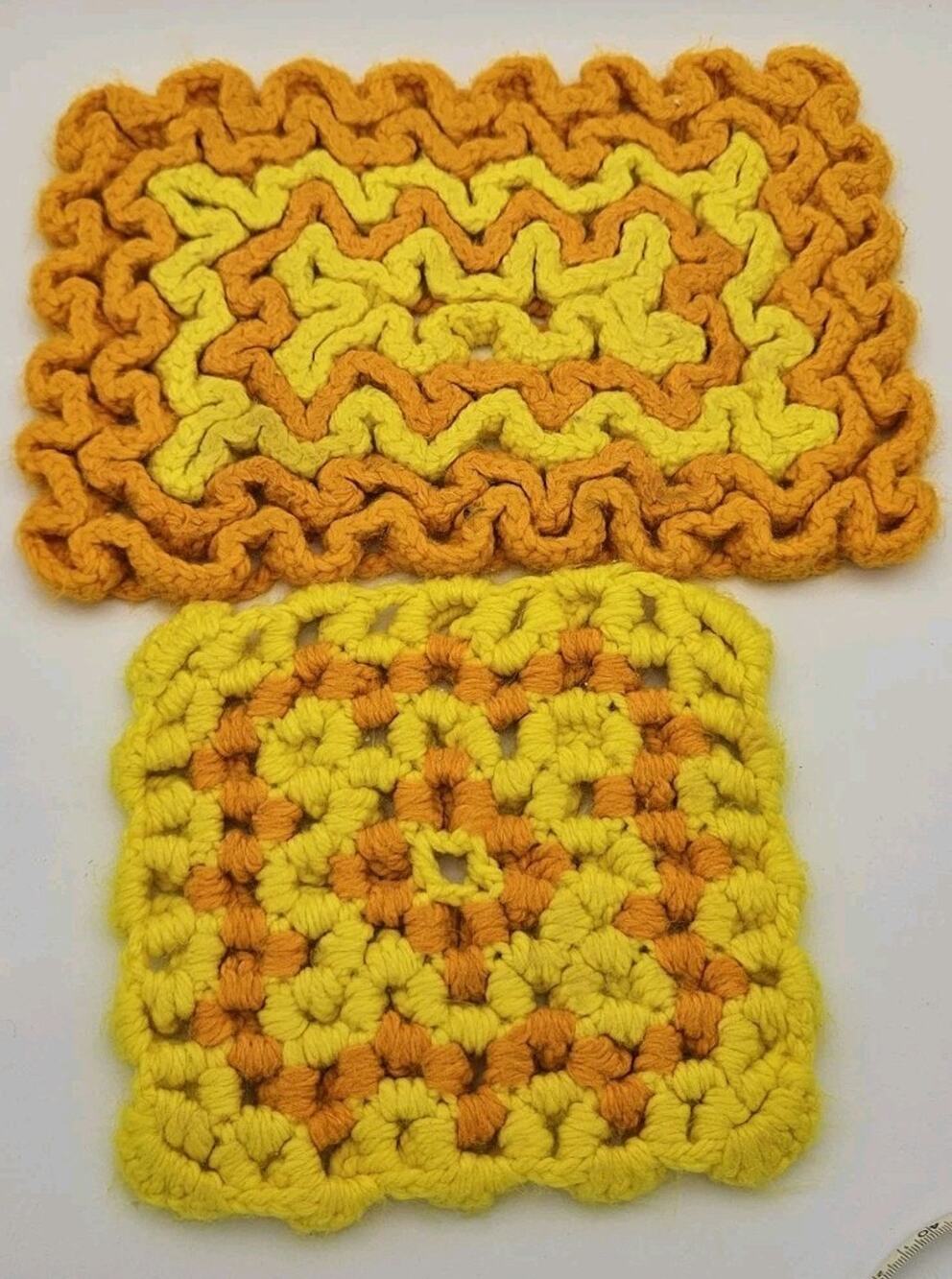 Handmade Yellow Orange Crochet Potholders Hot Pads Granny Square Star Set